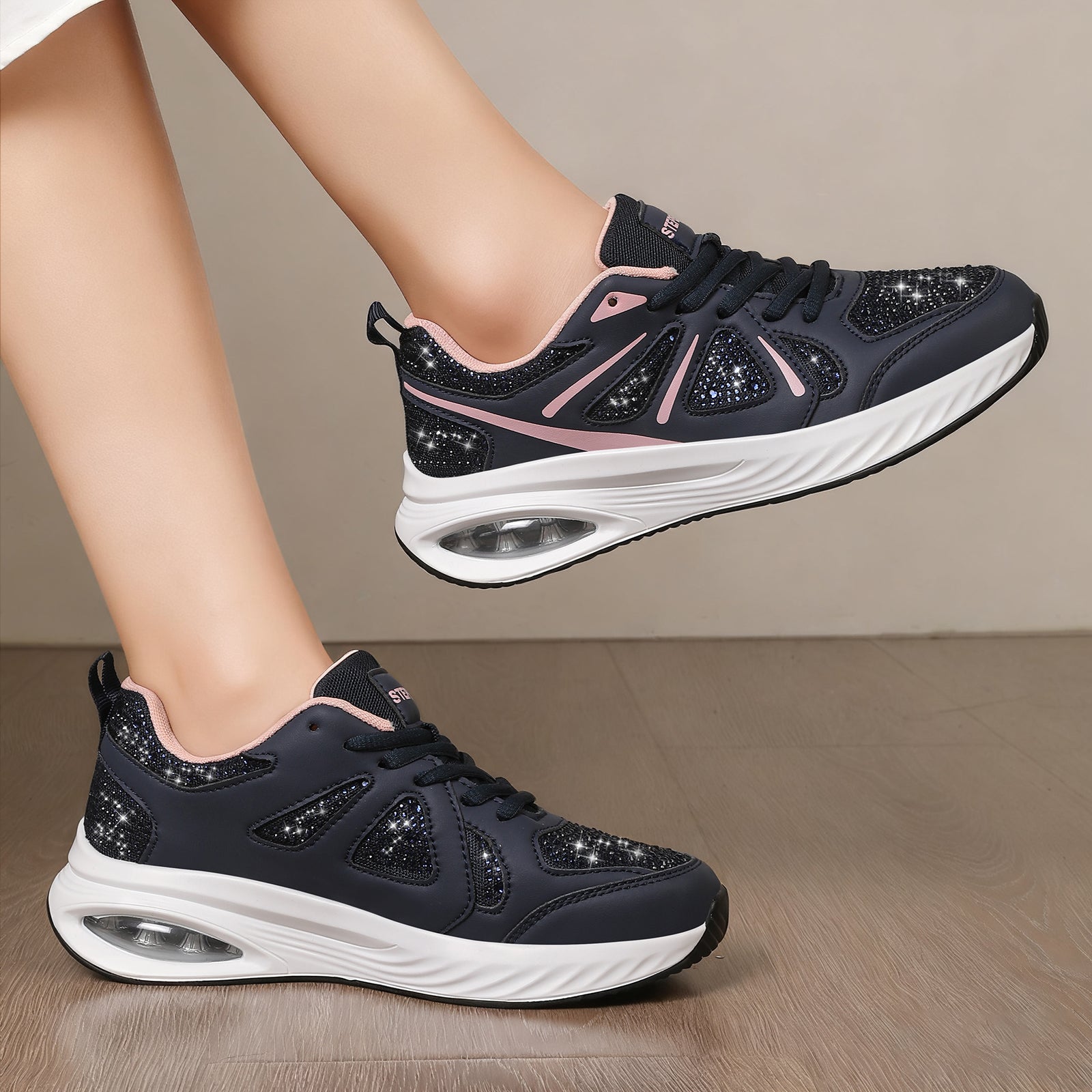 Stepedia Womens Air Cushion Sneakers Rhinestone Lightweight Walking Shoes Breathable Tennis Shoes