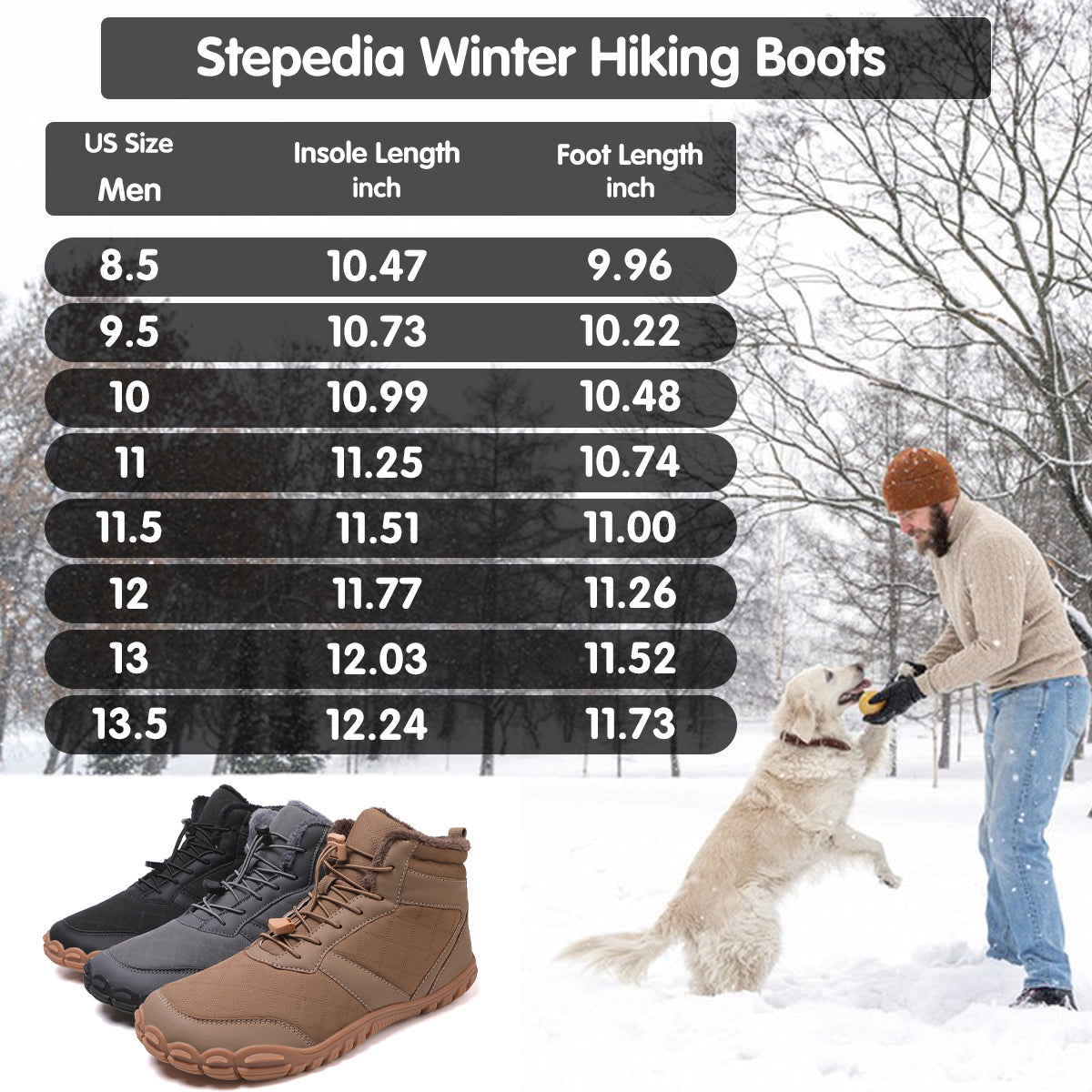 Stepedia Men's Wide Barefoot Winter Boots Waterproof Cold Weather Boots